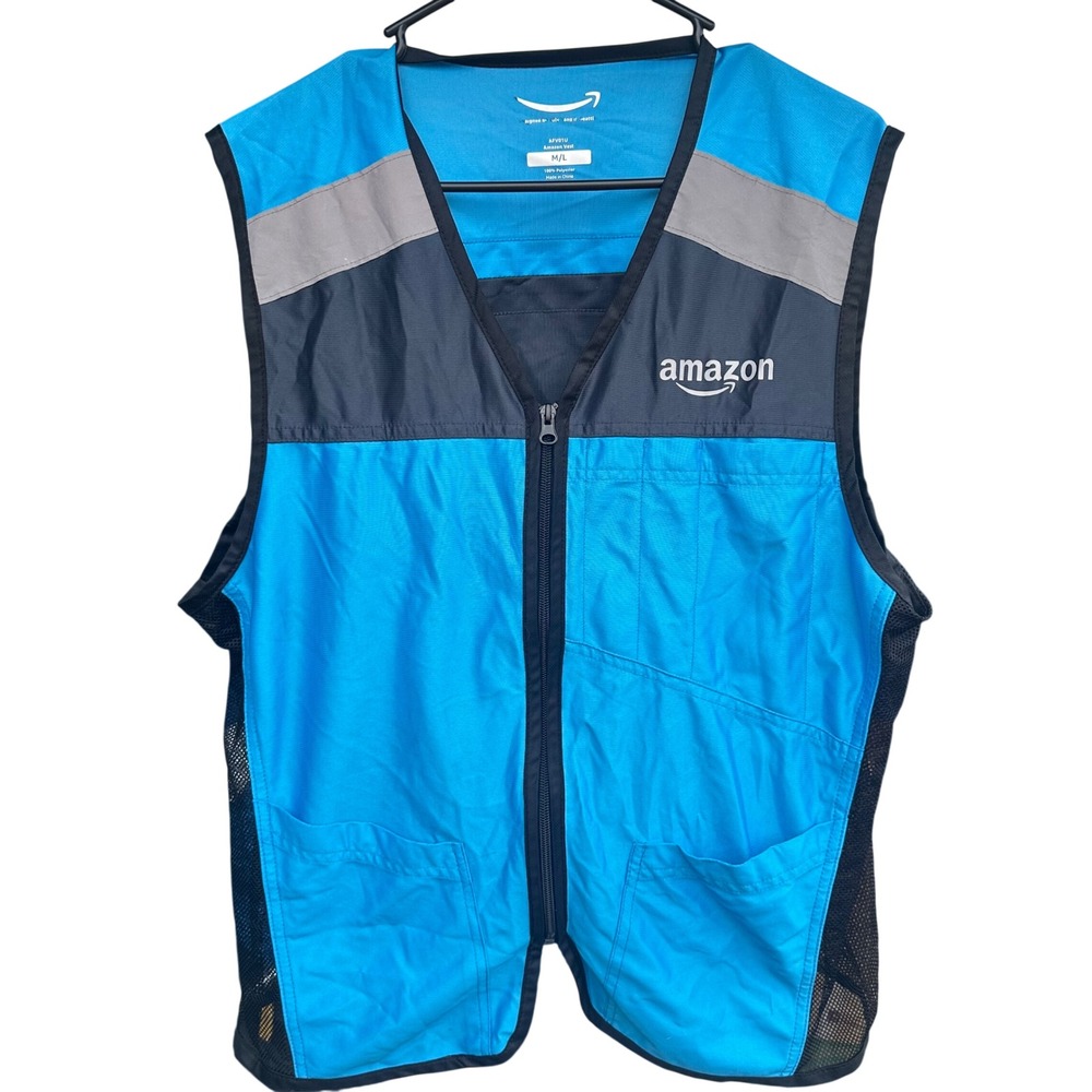 Amazon Vest Unisex M/L Blue Zip High Visibility Delivery Driver Work Outdoor